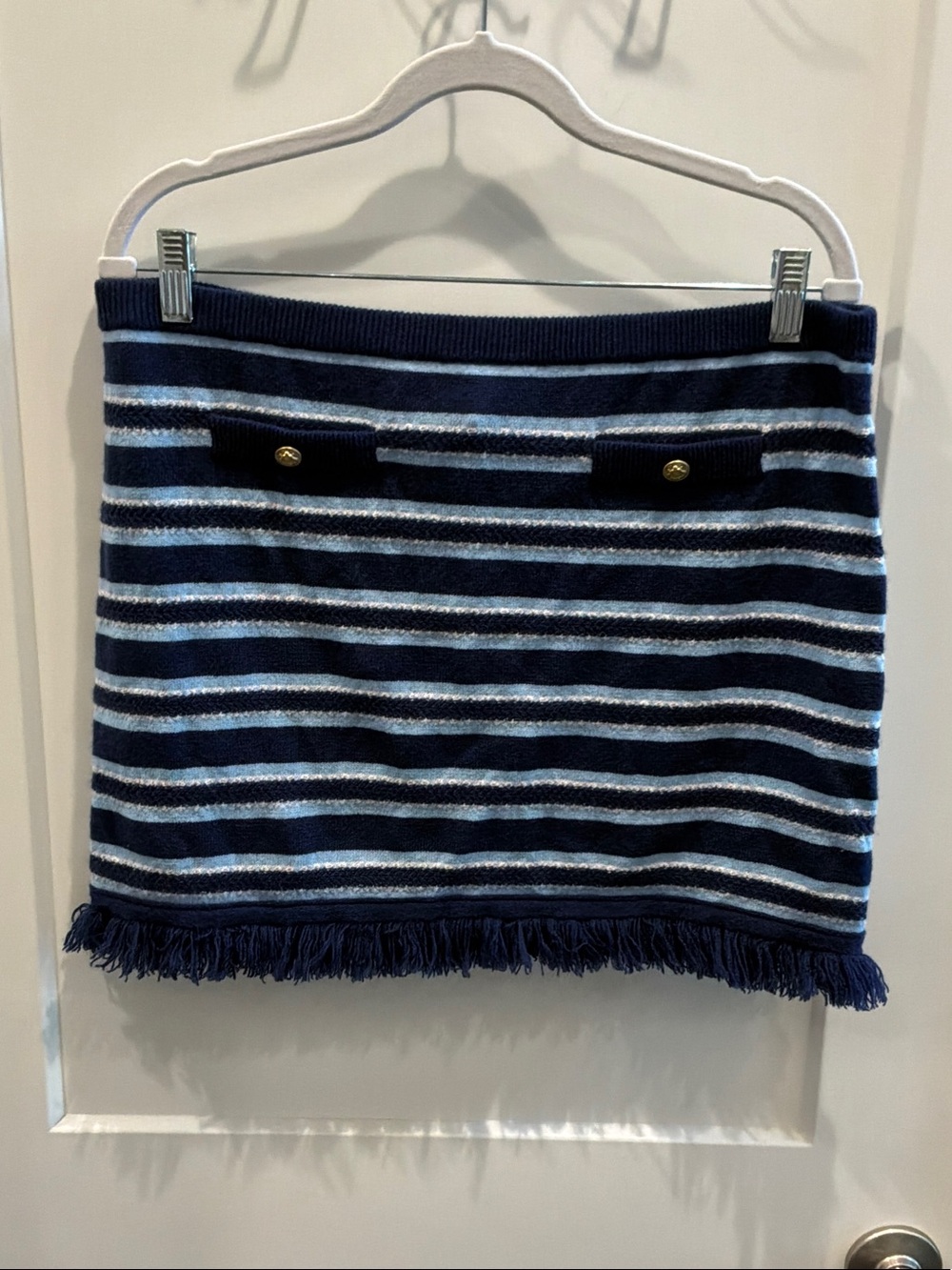 NWT Cashmere J. Crew Navy White Striped Fringe Knit Mini Skirt Reg 168.00